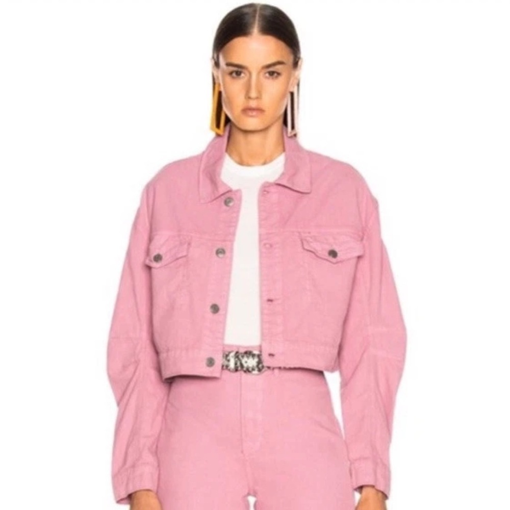 Grlfrnd Jeans Lacy Denim Trucker Jacket Women Size XS Pink Crop